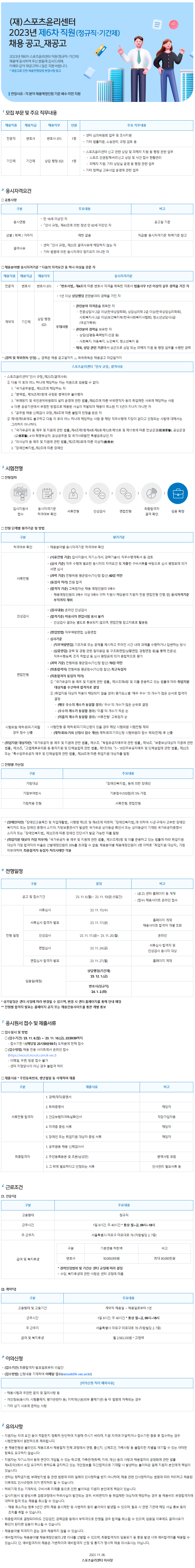 스포츠윤리센터 2023년 제6차 정규직, 기간제 채용 공고